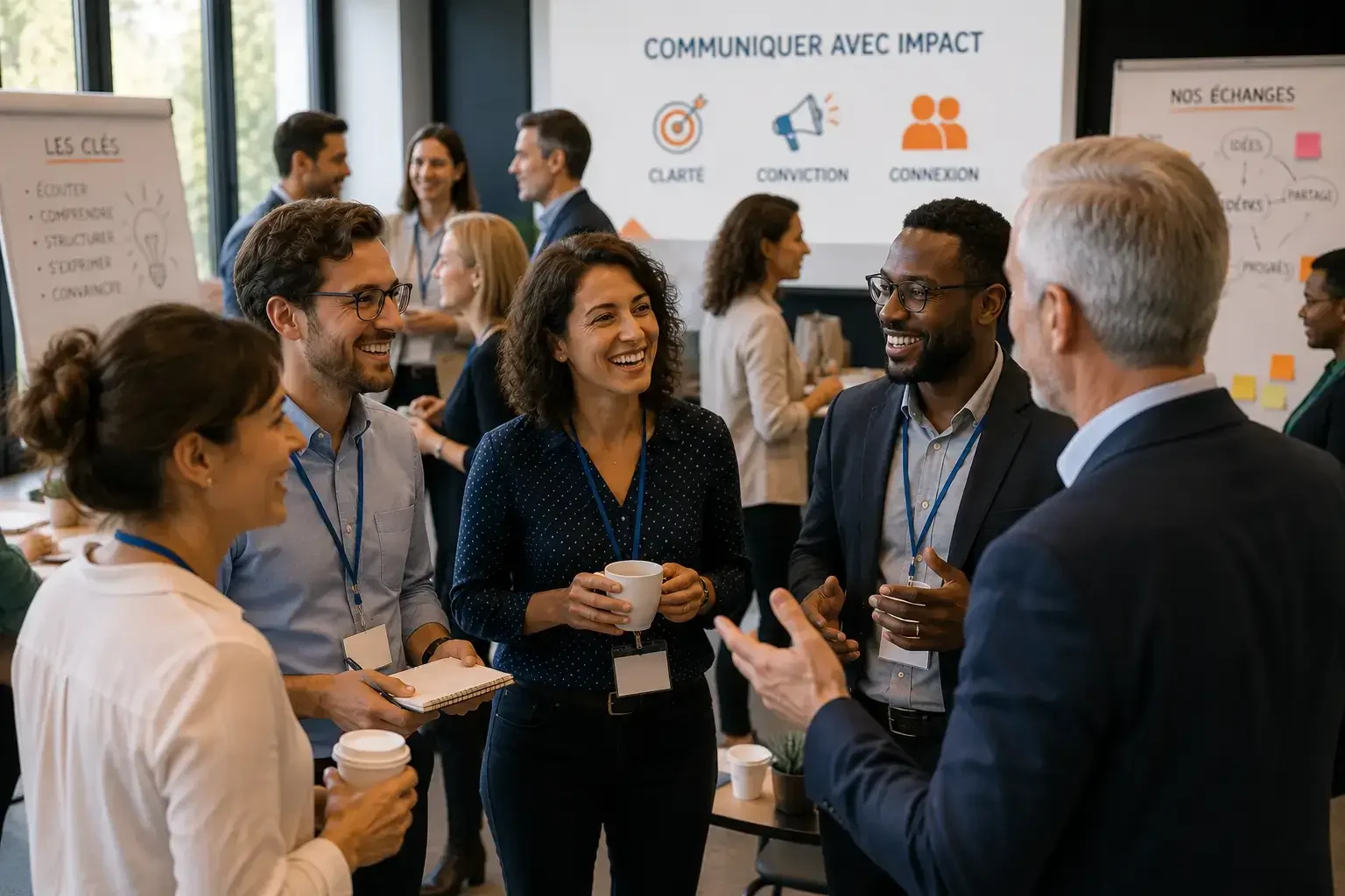 Des participants d’un séminaire échangent avec le sourire devant un écran « Communiquer avec impact : clarté, conviction, connexion »