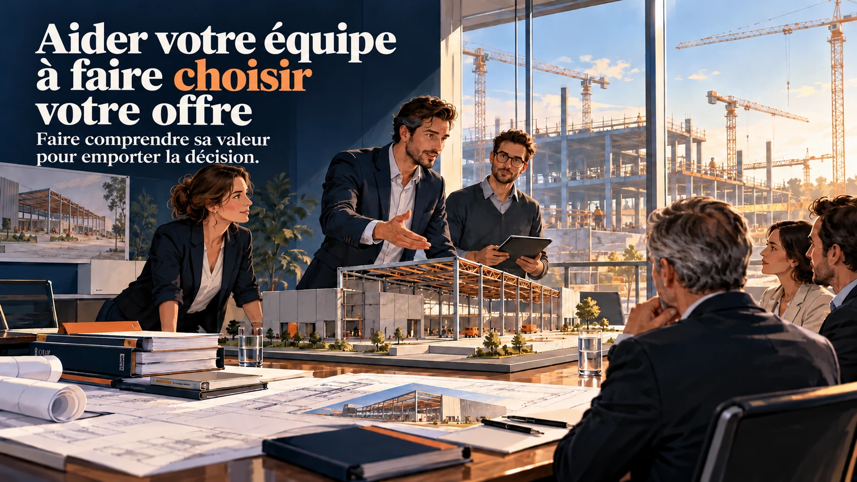 Aider votre équipe à faire choisir votre offre : une équipe d’études de prix présente une maquette et des plans à un décideur attentif