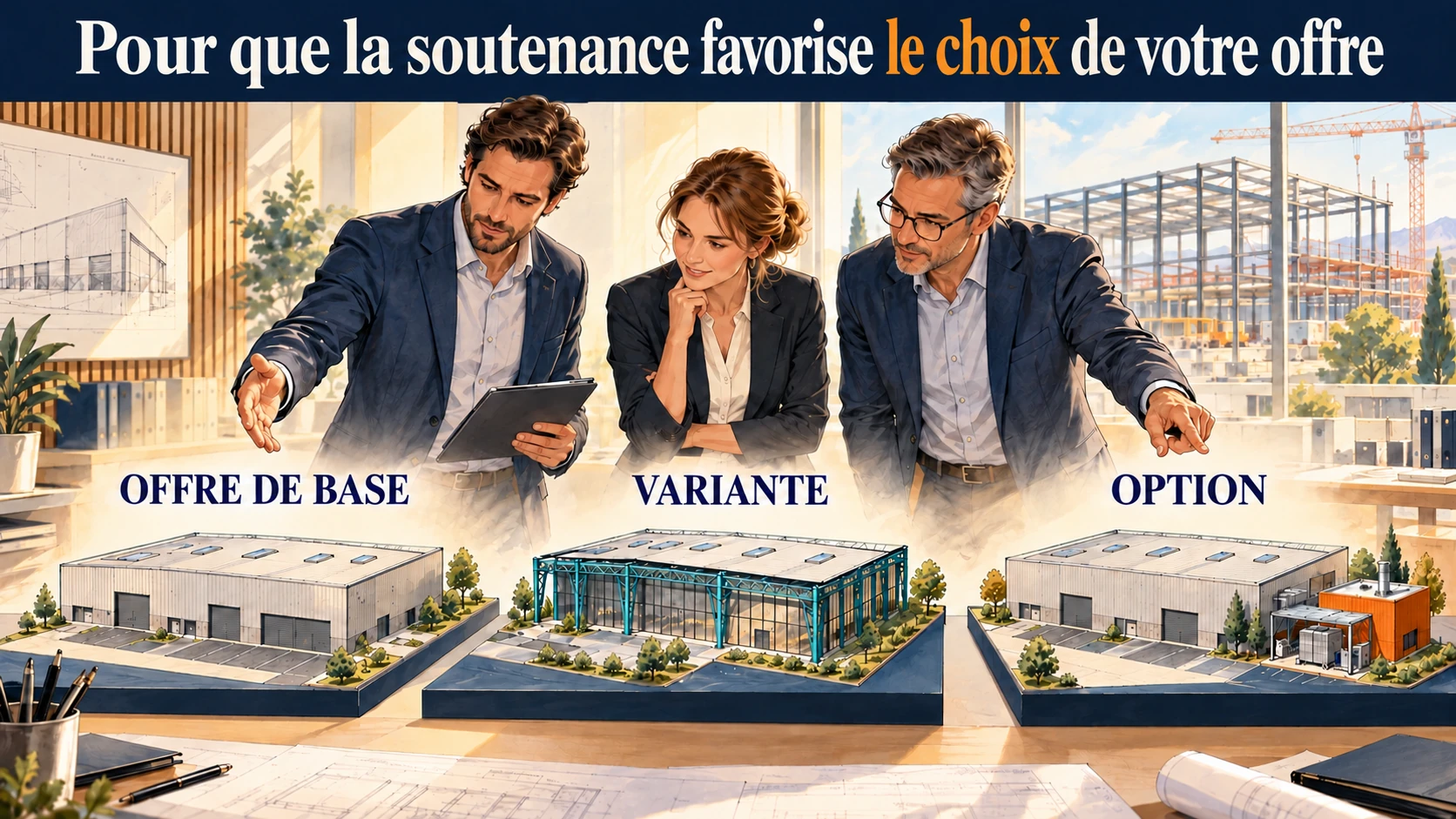 Pour que la soutenance favorise le choix de votre offre : trois maquettes présentées par l’équipe, l’offre de base, la variante et l’option