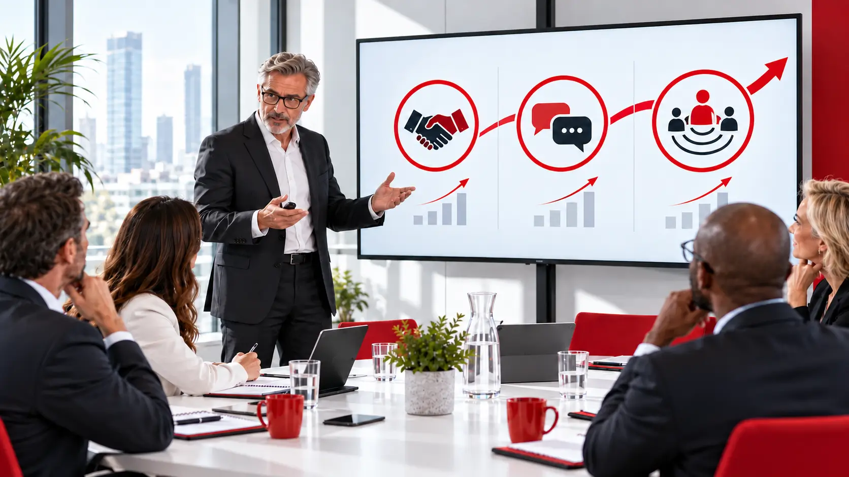 Présentation d’une proposition commerciale face à des clients