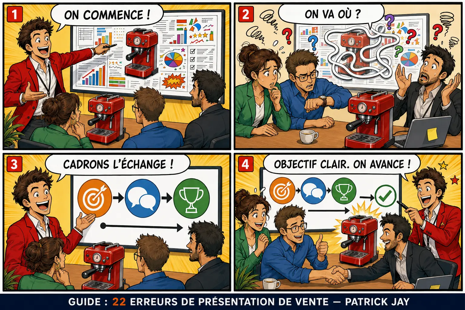 Une présentation commence sans cap partagé, puis le présentateur cadre l’objectif et les règles de l’échange